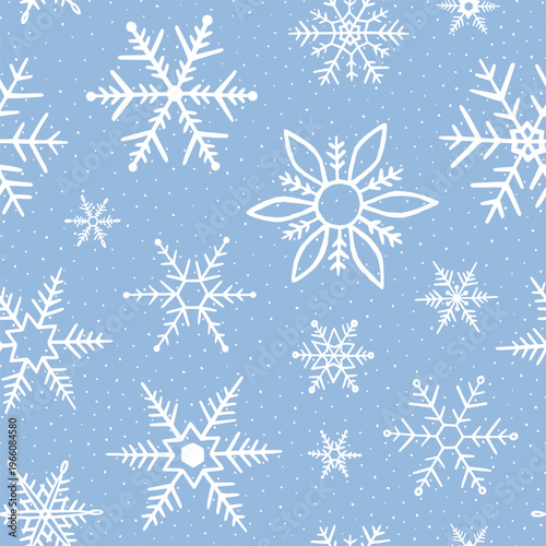Falling snowflake. Seamless pattern snowflakes. Snow flakes background. Repeating blue prints. Winter patern. Repeated frozen star. Design wintry fall snows flake. Crystal draw. Vector illustration
