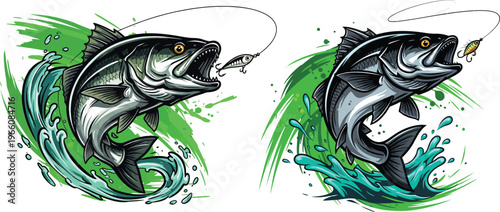Two large mouth bass jumping out of green and blue water with dynamic brushstrokes and splashes around them