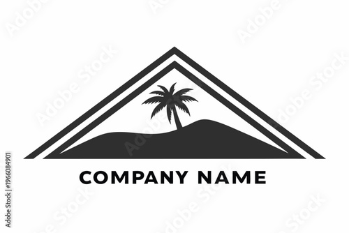 Tropical paradise island silhouette with a lone palm tree vector in black and white