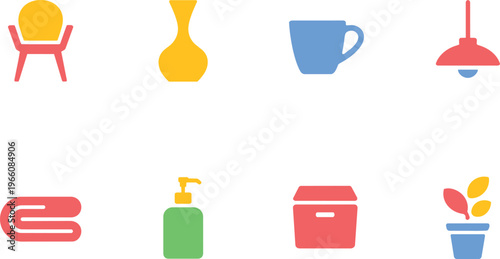 Set of four simple geometric icons including a stool, hourglass, coffee cup, and plunger