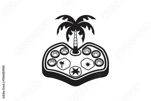 Lone palm tree on a small island silhouette vector in black and white for logos