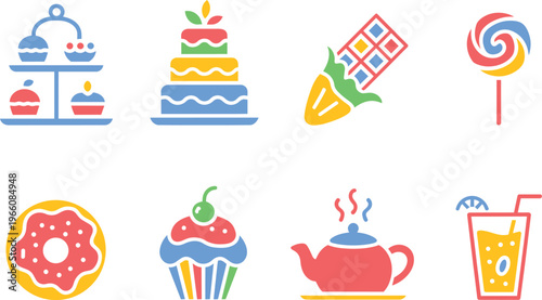 Assortment of stylized food and drink icons including desserts and beverages