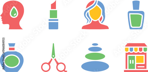 Beauty and Spa Icons: Head with Drop, Lipstick, Woman, Perfume Bottle, Scissors, Stone Stack, Store