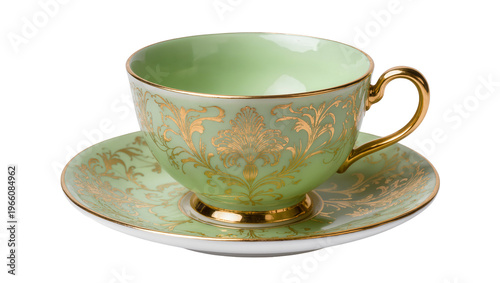 Foto Mint green teacup set gold ornate design, isolated on transparent background