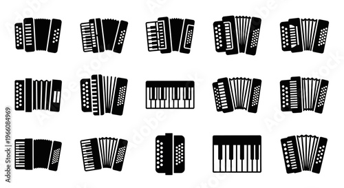 Accordion icons, musical instrument symbols, black and white vector graphics, 12 accordion illustrations