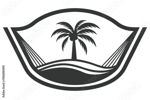 Stark black and white silhouette of a tropical island landscape with one palm tree
