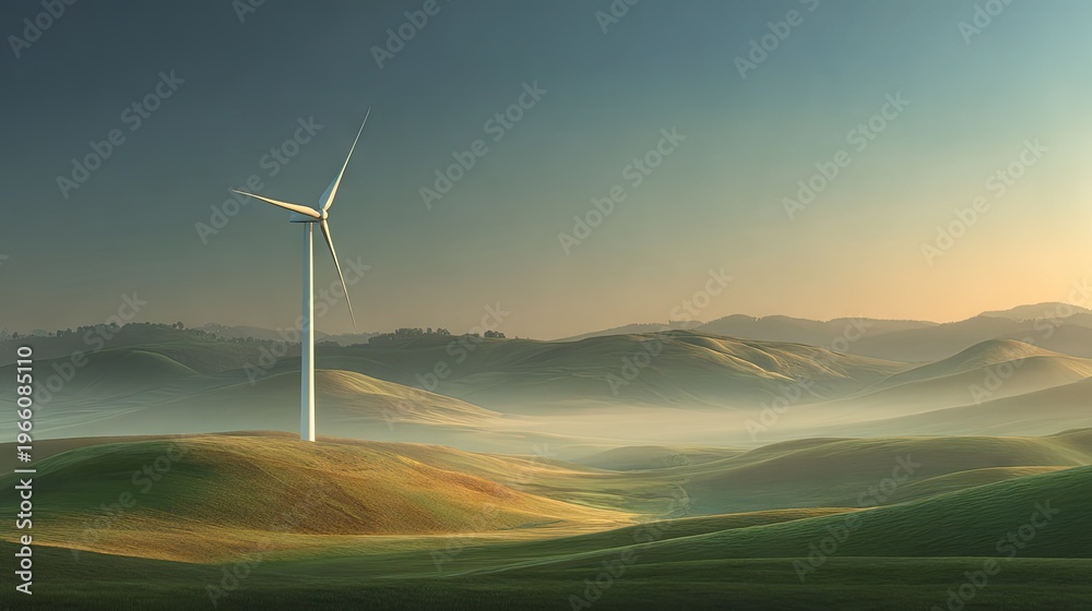 Obraz premium Wind turbine generating power on green hills under a serene early morning sky