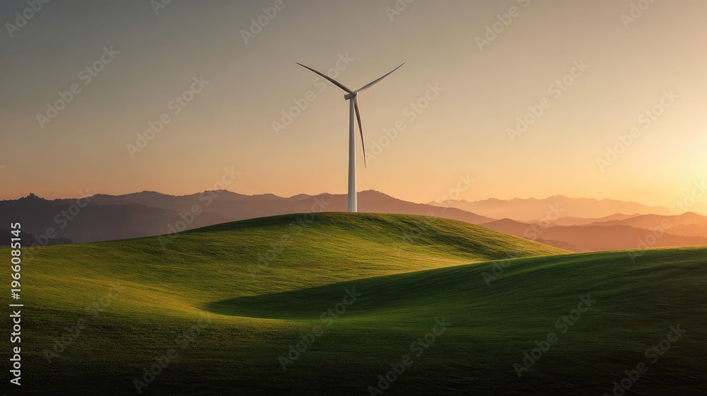 Fototapeta premium Wind turbine generating power on green hills under sunset sky