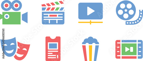 Colorful Cinema and Movie Production Icon Set Featuring Film Reel, Clapperboard, Video Camera, and Popcor