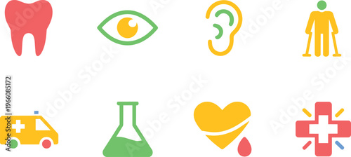 Colorful Flat Medical and Healthcare Icon Set Featuring Tooth, Eye, Ear, Ambulance, Heart, and Flask Grap
