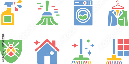 Colorful flat icons for household cleaning, pest control, and laundry services