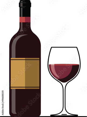 Vector illustration of a wine bottle and a glass of red wine, flat design style, simple graphic icon for restaurant, bar, or winery branding