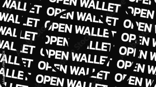 Rotating circular text animation displaying open wallet phrase arranged in concentric motion with central empty space for overlay content.