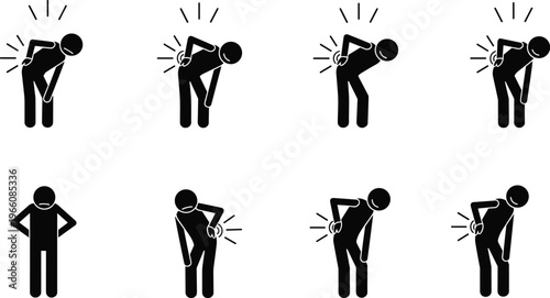 Back pain silhouettes showing discomfort posture strain injury, health vector illustration, medical symptom artwork, physical body care design pattern