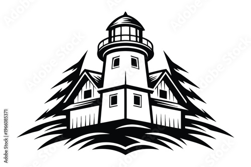 Nautical Theme Lighthouse Silhouette Graphic for Maritime Safety and Shoreline Concepts