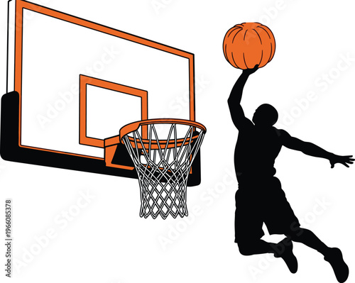 Basketball player silhouette performing slam dunk with hoop and ball, sports vector illustration, athletic action artwork, dynamic game design pattern