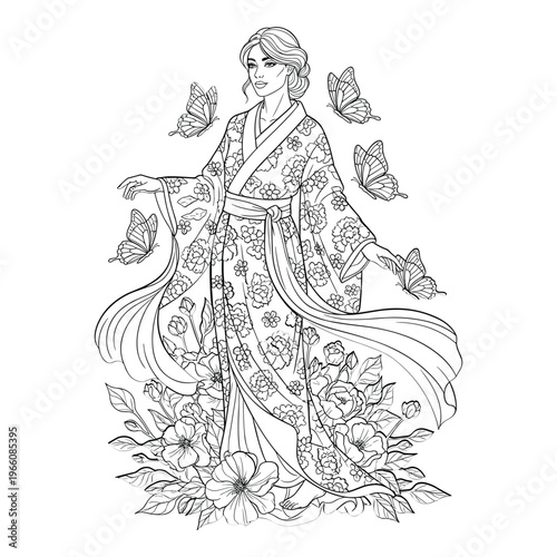 Victorian era woman in elaborate dress surrounded by butterflies isolated on white background, Vector