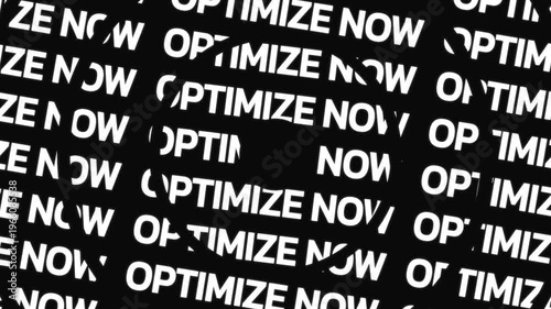 Rotating circular text animation displaying optimize now phrase arranged in concentric motion with central empty space for overlay content.