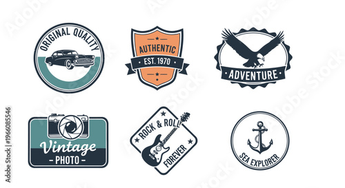 Collection of vintage style badges featuring vehicles animals and hobbies