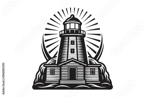 Simple black and white lighthouse silhouette symbol for coastal tourism and nautical art
