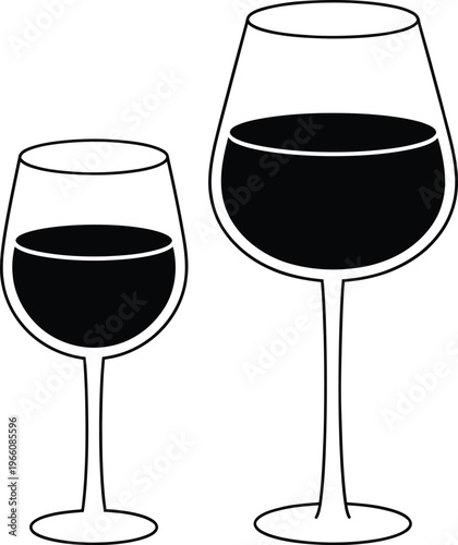 Two wine glasses with red wine, one smaller and one larger, simple vector illustration of glassware for restaurant menu or wine tasting event