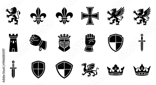 Medieval heraldry icons, 20 crest symbols, black and white vector graphics, coat of arms elements