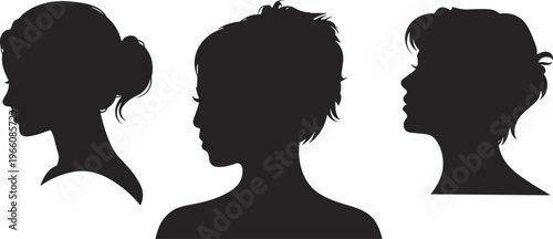 Silhouette collection of beautiful young women profiles with diverse elegant hairstyles including buns and short pixie cuts for fashion beauty and social media.