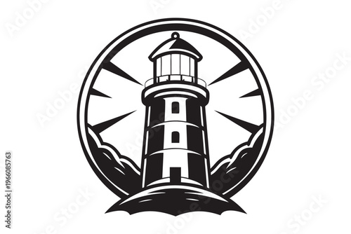 Traditional harbor lighthouse silhouette graphic for maritime safety and navigation