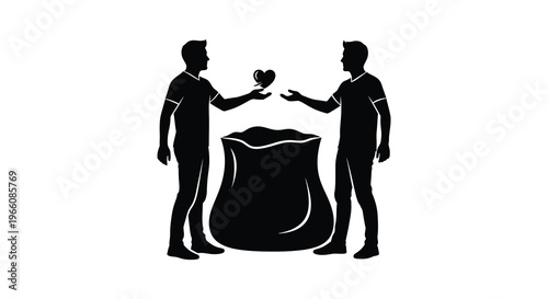 Two men in a stark silhouette exchange a heart shaped gift above a decorative urn a symbolic gesture high quality professional detailed