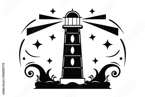 Aged wooden lighthouse silhouette vector illustration for vintage coastal posters