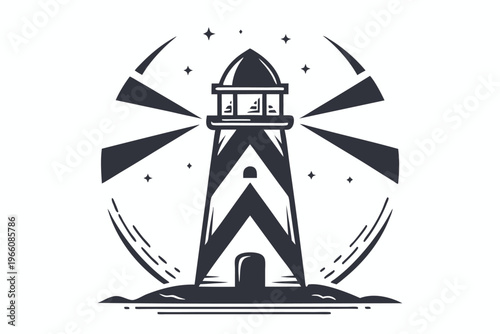 Silhouette of an old wooden lighthouse on a rocky coast, maritime vector illustration for coastal navigation