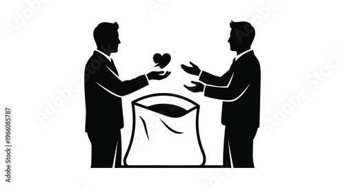 Two men in suits exchange a heart over an open bag representing a transaction or offering silhouette high quality professional