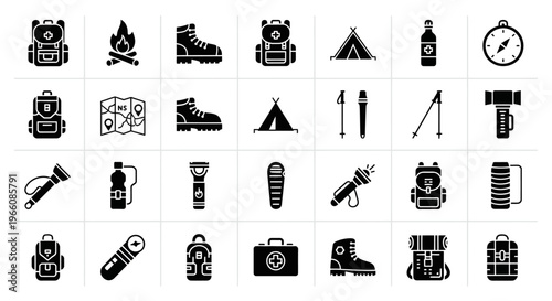 Camping icons set, 40 black silhouette symbols, outdoor adventure graphics, travel elements