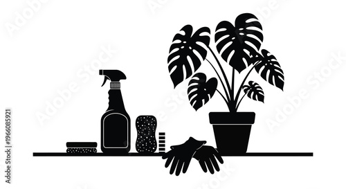 A black silhouette depicts houseplant care tools and a monstera plant on a shelf showcasing indoor gardening supplies high quality professional