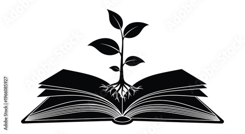 An open book with a plant growing from it symbolizing knowledge and growth presented as a silhouette high quality professional detailed