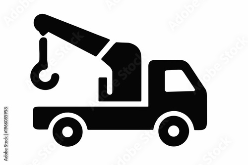 Solid black tow crane truck icon with hook arm. Strong vehicle symbol for lifting service, roadside recovery, towing, construction support and transport assistance.