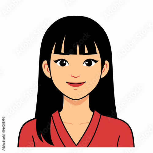Friendly young woman avatar with long black hair and a red top in a clean flat style. Ideal for user profiles, social apps, support teams, and digital identity graphics.