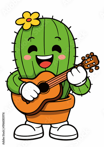 Cheerful cactus mascot playing a guitar with a flower on its head and a smiling face. Cute musical plant character for stickers, nursery decor, festival art, and fun branding.