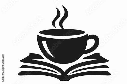 A steaming coffee cup resting on an open book expresses study break comfort, reading time, learning, and cozy intellectual lifestyle in a clean monochrome vector design.
