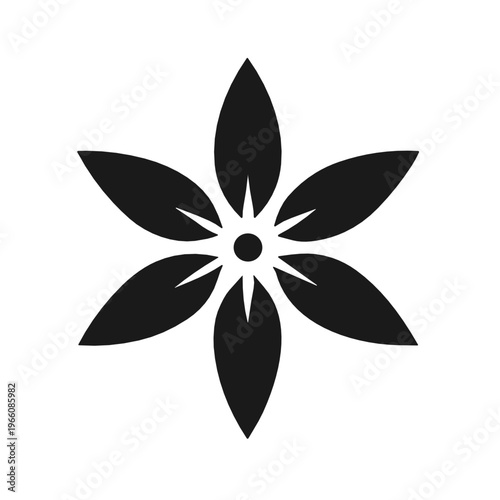 Elegant black flower symbol with six long pointed petals radiating from a circular center. Minimal botanical silhouette with a star like form for logos, packaging, stationery, and icons.