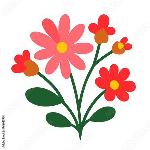 Pink and red flower bouquet with small orange buds and dark green leaves. Vibrant botanical illustration in a playful flat style, suited for spring cards, decor, and cheerful branding.
