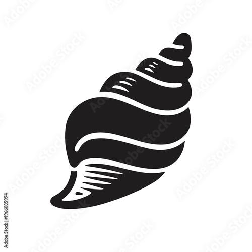 Black spiral seashell silhouette in a flat vector style with decorative white lines. Coastal nature symbol for beach themes, marine branding, summer travel and ocean design.