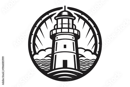 Vintage maritime lighthouse silhouette, old wooden beacon for coastal safety and navigation tower