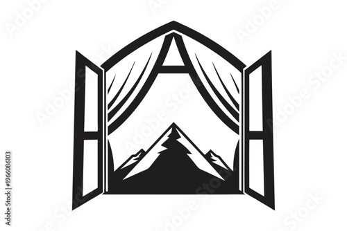 Camping tent entrance silhouette, scenic mountain view for outdoor adventure and wilderness hiking theme