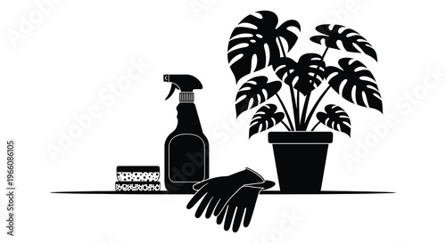 A black silhouette depicts a monstera plant spray bottle gloves and gardening supplies on a shelf silhouette high quality professional detailed