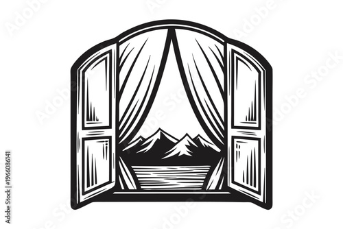 Silhouette of a tent opening with a mountain horizon, nature landscape for hiking and travel illustration