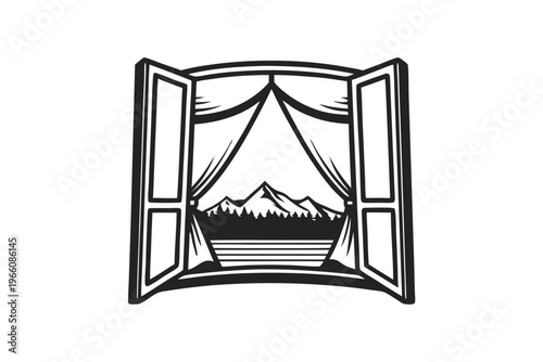 Scenic view from a tent door silhouette, camping in the mountains black and white vector illustration