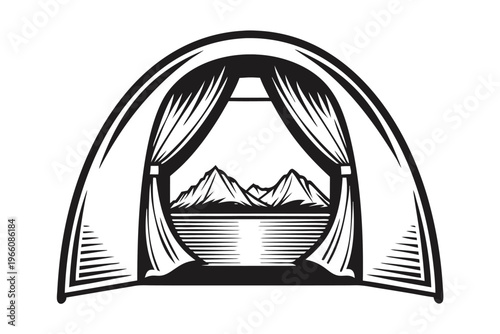 Black and White Silhouette of an Open Tent Door Overlooking a Mountain Landscape