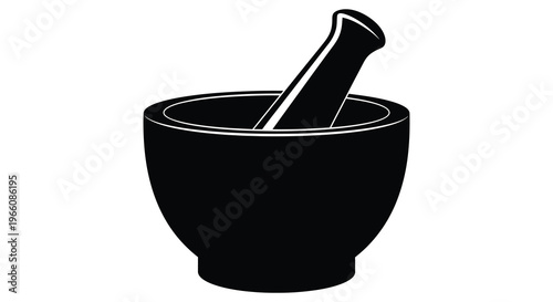 A stark black silhouette depicts a classic mortar and pestle commonly used for grinding ingredients silhouette high quality professional detailed modern