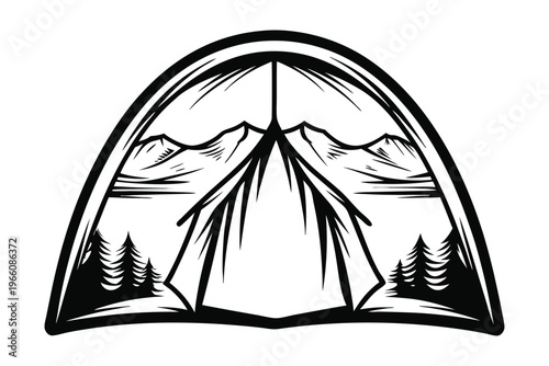 Minimalist Landscape View from Inside a Tent Silhouette Vector Art